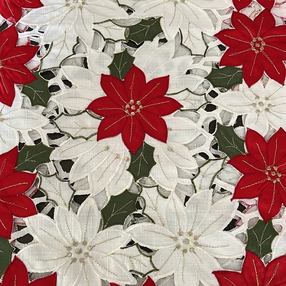 Holiday red & white poinsettia table runner. - Picture 2 of 2